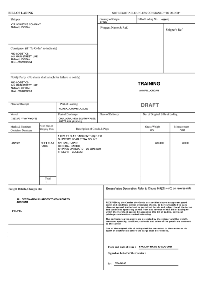 House of Lading Bill of Lading